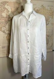 Tahari 100% Linen White Long Collared Blouse Button Up Shirt