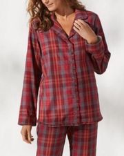 Night Divine red plaid ruffle trim button up pajama top