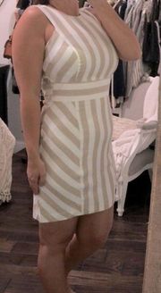 Sharagano size 4 tan & white striped shift dress