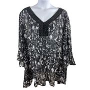 Woman Within 5x Black Floral Sheer Beaded V-neck Flowy Pleated Top