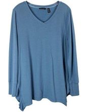 H by Halston Large Top Blue Long Sleeve V Neck Ruffle Side Vents Solid 505