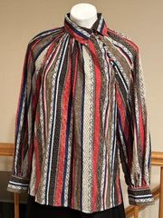 Vintage Striped Paisley Multi Color High Neck Satin Blouse Sz. L