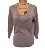 August Silk Silver Pearl and sequin Scoop Neck Pullover Sweater Size L
