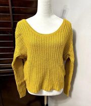 Kaisely Womens Cropped Sweater Mustard Long Sleeve Scoop Neck Waffle Knit S