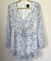 Disney Princess White Blue Floral Long Sleeve Lined Romper ~ FLAWED ~ Size M