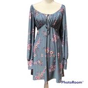 Blue Floral Printed Shift Peasant Cinched Stretchy Scoop Neck Dress