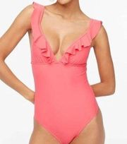 New J. Crew Ruffle Shoulder V-neck One Piece Swimsuit Pink Guava Size Medium