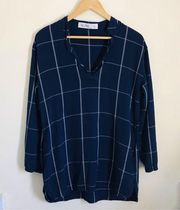 Carve Designs Window Pane Grid Pattern Tunic Blouse Navy White size M