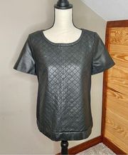 Black Quilted Leather Short Sleeve Zip Back Top Blouse Medium