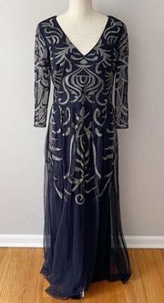 JS COLLECTIONS V-Neck Navy Blue Beaded Embroidered Gown