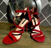 EUC Parker & Sky Women’s Strappy Red Velvet 4” Stilettos Size: 7 M