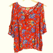 Artisan Crafted by‎ Democracy Women Top XL Red Floral Cold Shoulder Peasant Boho