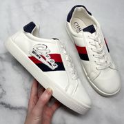 NEW Chaps Varsity Letterman Stripe Low Top Sneaker Shoe Leather White Athleisure