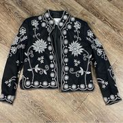 Drapers & Damons Jacket Women 10 Black Silver Floral Beaded Open Front 100% Silk