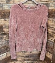 Chenille Sweater Pink SMALL cutout crew Neck Long Sleeve soft knit