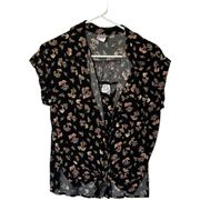 Juniors Black Mushroom Boho Cropped Button Down Bandeau Top Large