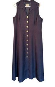 COLDWATER CREEK Dress 14 Linen Blue Sleeveless Midi Button Front V-Neck