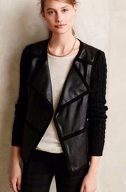 ANTHRO Elevenses Black Hiroumi Vegan Leather Cable Knit Sleeve Moto Jacket $198 EUC XS
