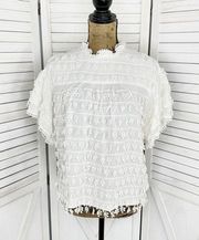 Farm Rio Pom Fringe Detail Blouse Off White XS Short Sleeve