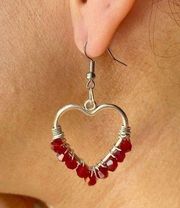 Red Crystal Heart Dangle Earrings in Antique Silver Tone