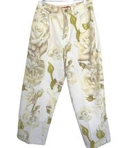 VTG Gloria Vanderbilt Jeans Womens Rose Print Cropped 90s Cream Green Yellow 6