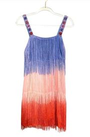 BOSTON PROPER FRINGE OMBRE PINK BLUE EMBELLISHED TANK LINED COTTON DRESS M