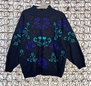 Vintage 90s Koret embroidered vining floral sweater mock neck black blue green