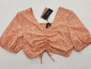 Vero Moda Womens Puff Short Sleeve Crop Top Blouse Orange Floral Size Medium