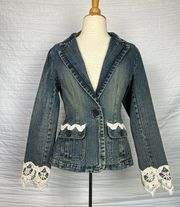 90's Maurice's Hippie Boho Lace Accent Denim Jacket size Small