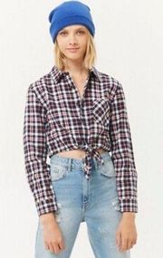 Forever 21 Tie-Front Plaid Flannel Shirt Cropped Long Sleeve Medium XXI  Casual