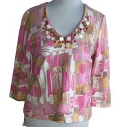 Ruby Rd petite quarter sleeve beaded vneck pink spandex blend pullover top PL