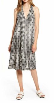 Black and White Gingham Halter Neck Midi Dress with Floral Details