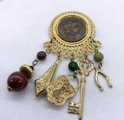 Vintage Alexander the Great Brooch Pin Faux Coin Charms Ruler Sword Key Pin