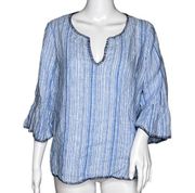 Artisan NY Linen Blouse Blue White Vertical Stripe 3/4 Sleeve Bell Sleeve