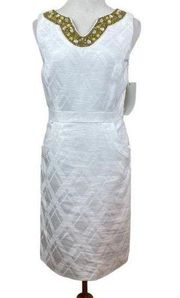 Milly of‎ New York Dress 4 White Beaded Embellished V-Neck Lined Pockets Cotton