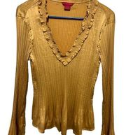 Sunny leigh gold long bell sleeve vneck shirt size large