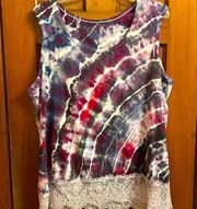 Multicolored Artisan Created Tie Dyed Tank Top with Lace Accents