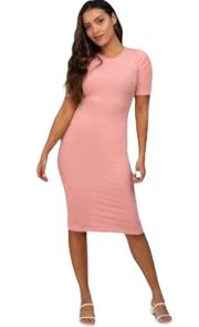 Women Short Sleeve Round Neck Pink Ribbed Knit Bodycon Dress Size Medium