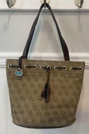 Dooney & Bourke Tote Khaki Brown Signature Canvas Handbag Satchel Leather Tassel