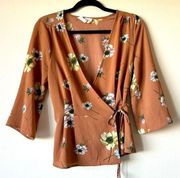 NWOT Sweet Wanderer Medium Bronze Floral Wrap Top Flare Sleeves Plunge Spring