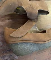 Fly London Size 6.5 37 US Wedge Leather Ankle Straps Beige Suede Mary Jane Shoes