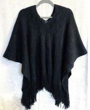 Maurices Women’s Ribbed Knit Poncho With Sequins And Fringe In Black One Size