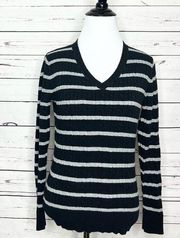 Merona Black & Gray Striped V Neck Pullover Sweater Top Size Small