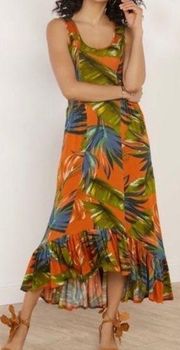 Soft Surroundings Fabiana Tropical Print Ruffle Hem Shirred Dress Large EUC