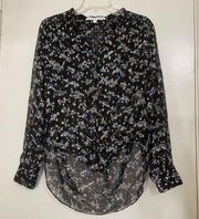 VERONICA BEARD dazed smocked black floral silk button down tie shirt SIze 0 $350