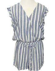 Cloth & Stone Zumba Beach Linen Romper Blue and White Striped Ruffle Sleeve  S