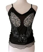 Y2K VTG Angel Wings Black Rhinestone Bling Cami Top