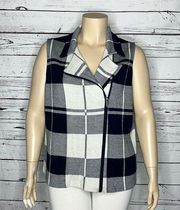 Chaps Size 1X Navy Blue & White Plaid Asymmetrical Zip Knit Vest Jacket