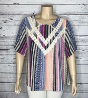 One World Size 1X Boho Stripe - Crochet Lace Peasant Blouse Top