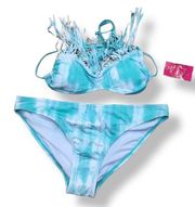Candie's  Womens Juniors Bikini Sz XS L Swimsuit Two Piece Tie Dye Fringe Aqua